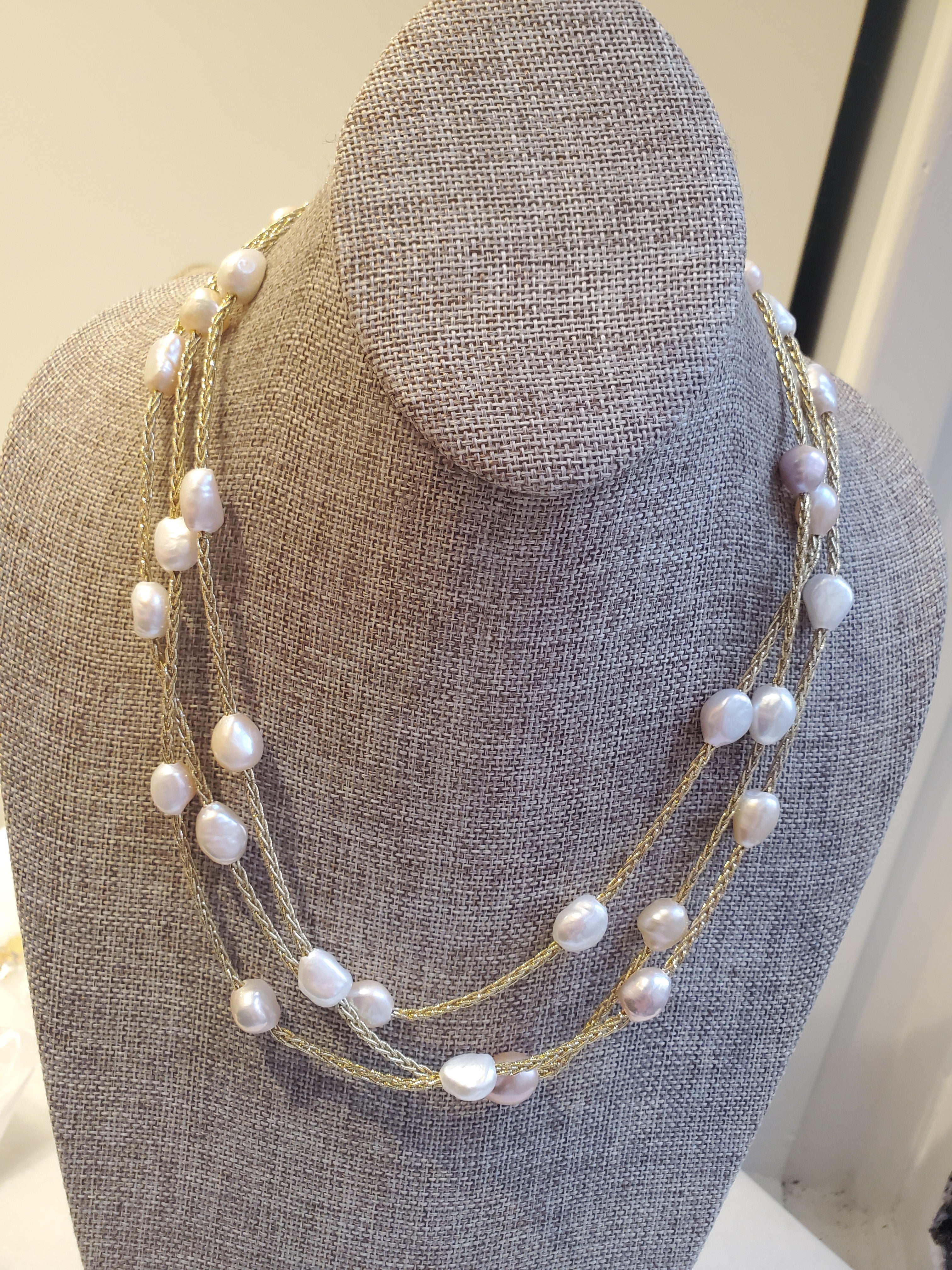 Gold Fabric Necklace with Fresh Water Pearls