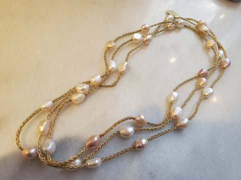 Gold Fabric Necklace with Fresh Water Pearls
