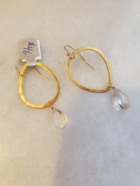 Brushed Gold Teardrop earring with Clear Quartz Stone