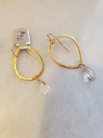 Brushed Gold Teardrop earring with Clear Quartz Stone