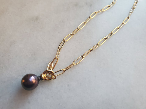 Velatti Gold Paperclip Chain Necklace with Pearl Pendent