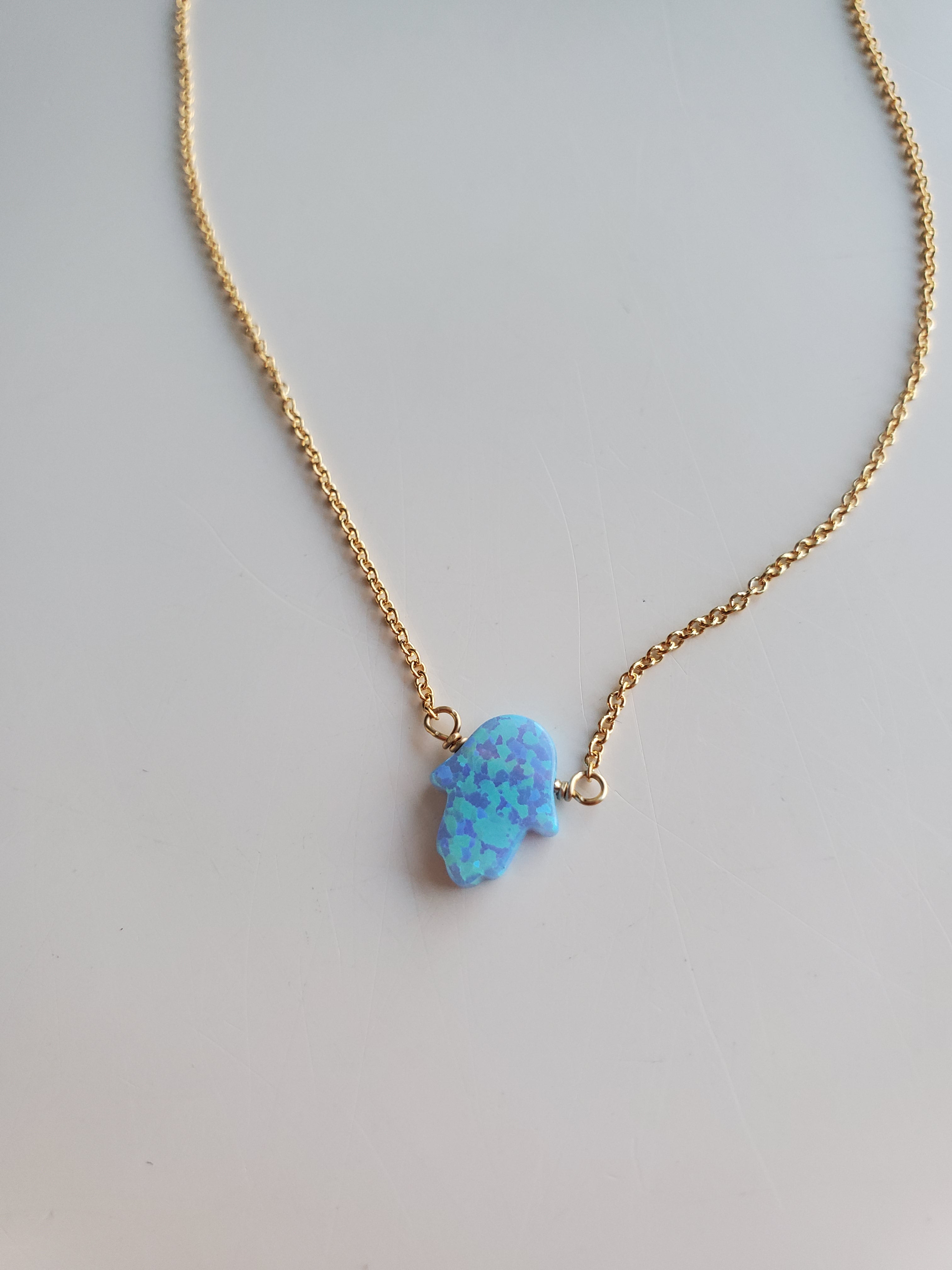 Small Light Blue Hamsa Gold Necklace